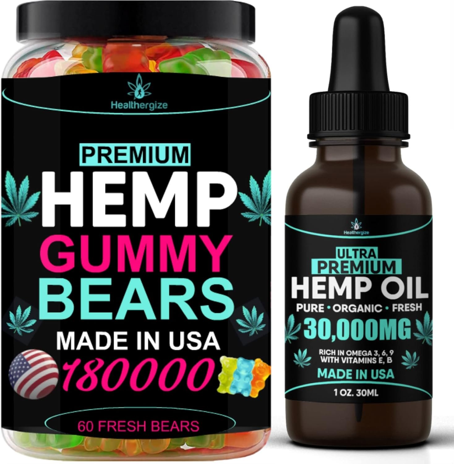 2Pack Hemp Oil and Hemp Gummies Gummy Bears Combo Set-Peace and Relaxation, Relief, Soothing, Discomfort, Sleep-Full Body High Care-Made in USA