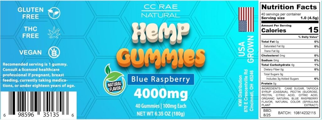 All Natural Blue Raspberry Hemp Gummies - 4000mg Jar (40 Gummies) - Extra Strength, High Potency, Gluten-Free, Vegan, Non-GMO - Made in The USA