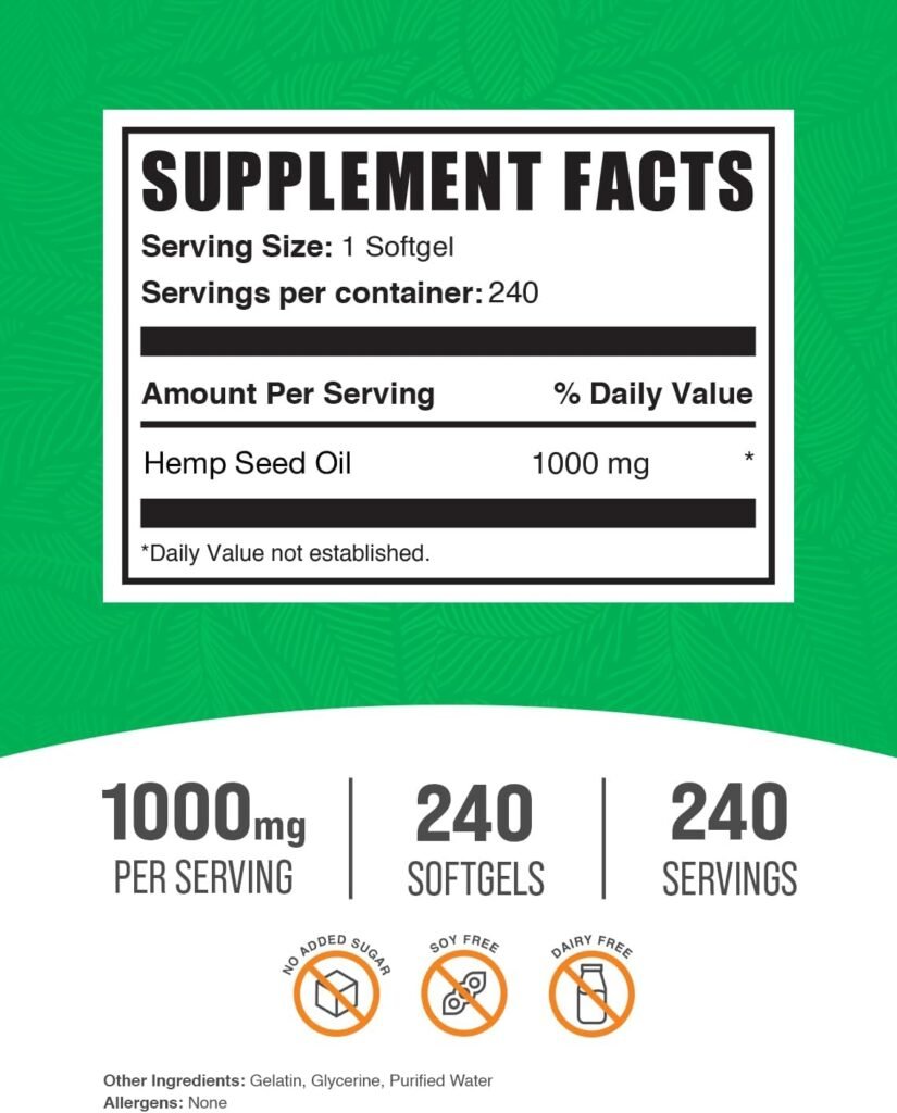 BulkSupplements.com Hemp Seed Oil Softgels - Hemp Oil Pills, Hemp Supplement, Omega 3 Supplement, Hemp Seed Oil 1000mg - Gluten Free, 1 Softgel per Serving, 240 Count (Pack of 1)