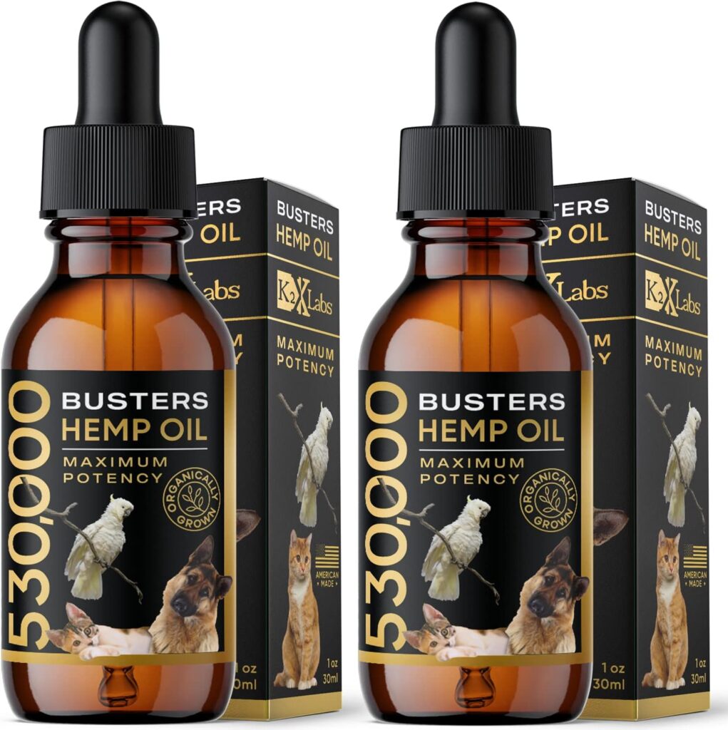 Busters Organic Hemp Oil 530,000 2-Pack 2-Month Supply for Dogs  Cats - Max Potency - Made in USA - Omega Rich 3, 6  9 - Hip  Joint Health, Natural Relief for Pain, Separation Anxiety