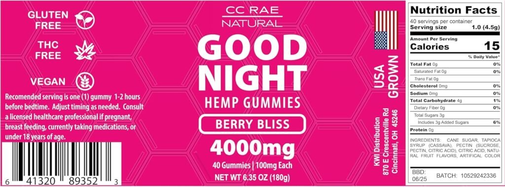 GOOD NIGHT Hemp Gummies- Berry Bliss - All Natural- Extra Strength, High Potency - Gluten Free, Vegan, Non-GMO, Made in The USA