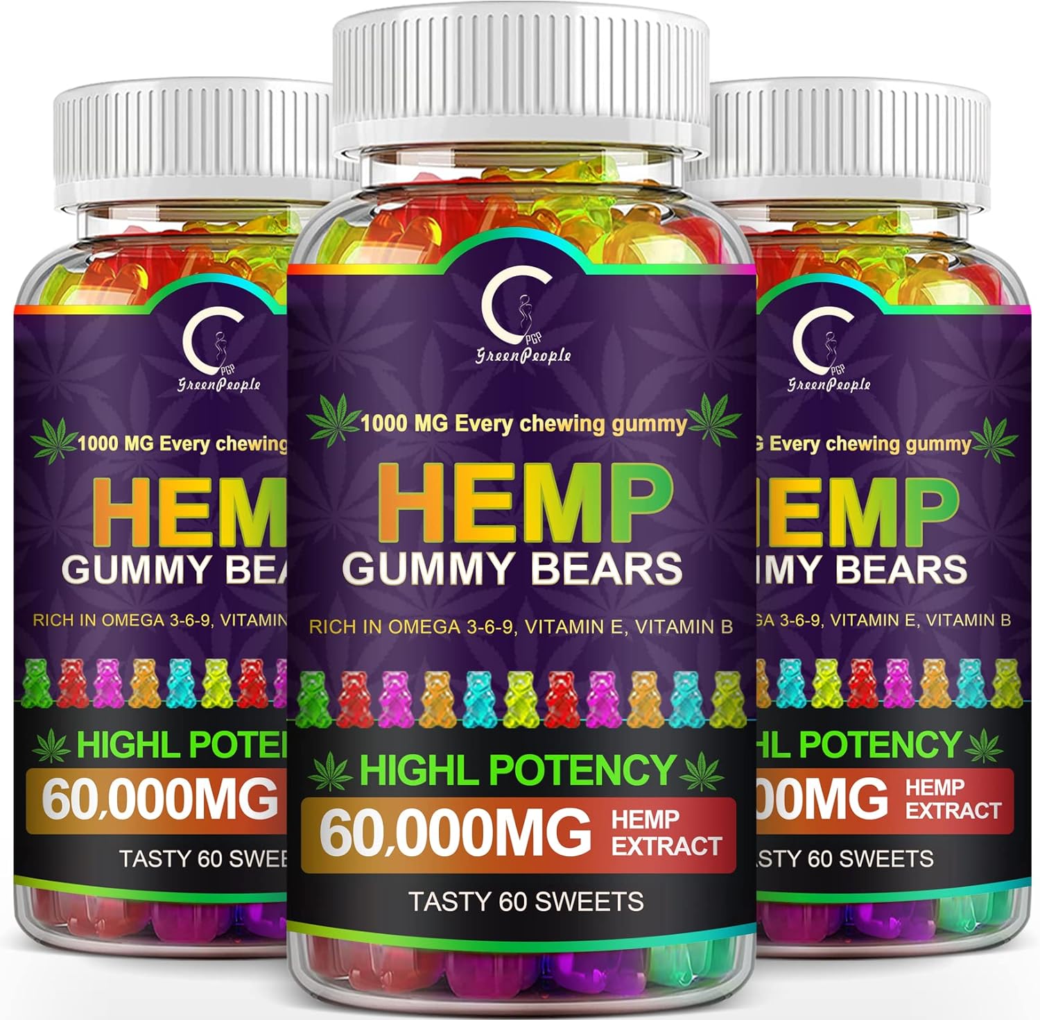 GPGP GreenPeople (3 Pack) Hemp Gummies 60,000mg Extra Strength, 100% Natural Hemp Oil Infused Bear Gummy, Promotes Focus Calm, Sleep and Calm Mood