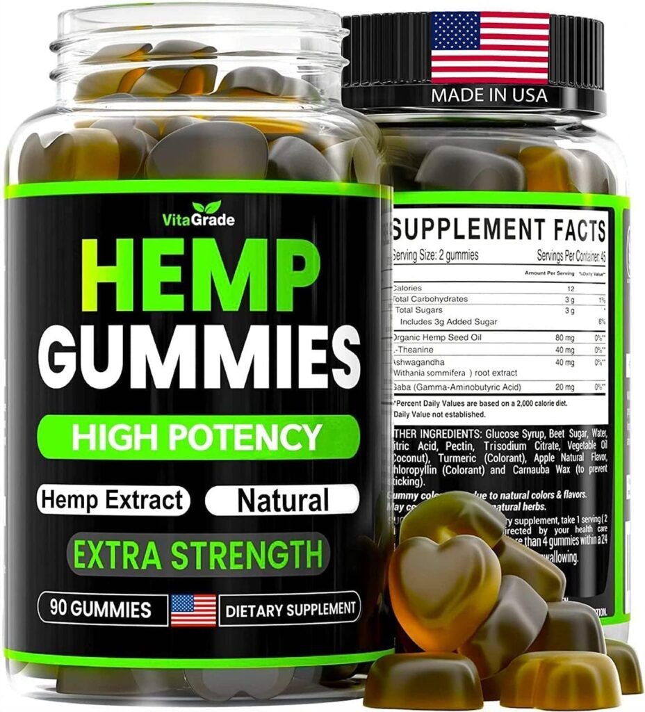 Hemp Gummies - Extra Strength - Great for Peace  Relaxation - Infused with Pure Hemp Oil, Ashwagandha - L-Theanine - Relaxing Supplement - Tasty Relief - 90 Gummies - Made in USA