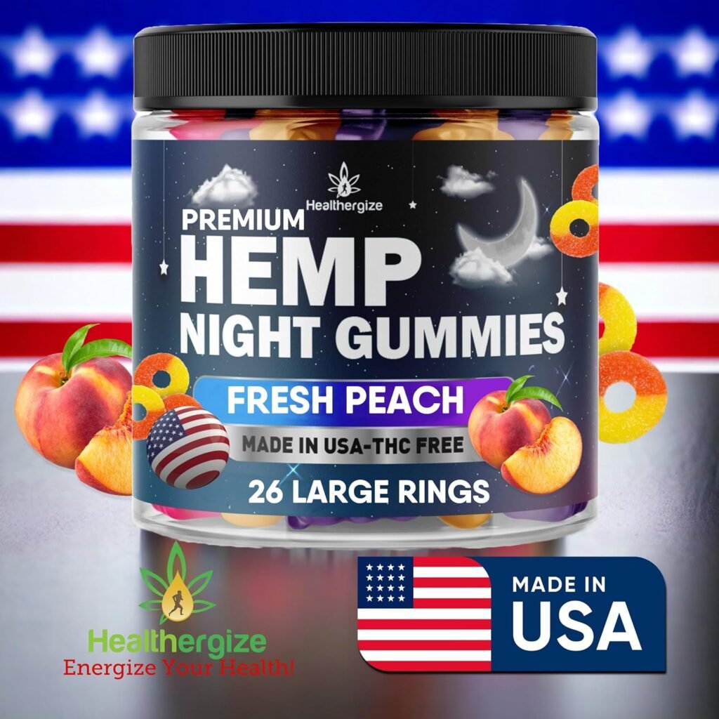 Hemp Gummies Night-Time, High Potency Nap Gummies, Peace and Relaxation, Peach Ring Gummy Bear Edibles, Good Mood, Calm Bedtime-Gomitas para Dormir, Natural Hemp Oil-Made in USA