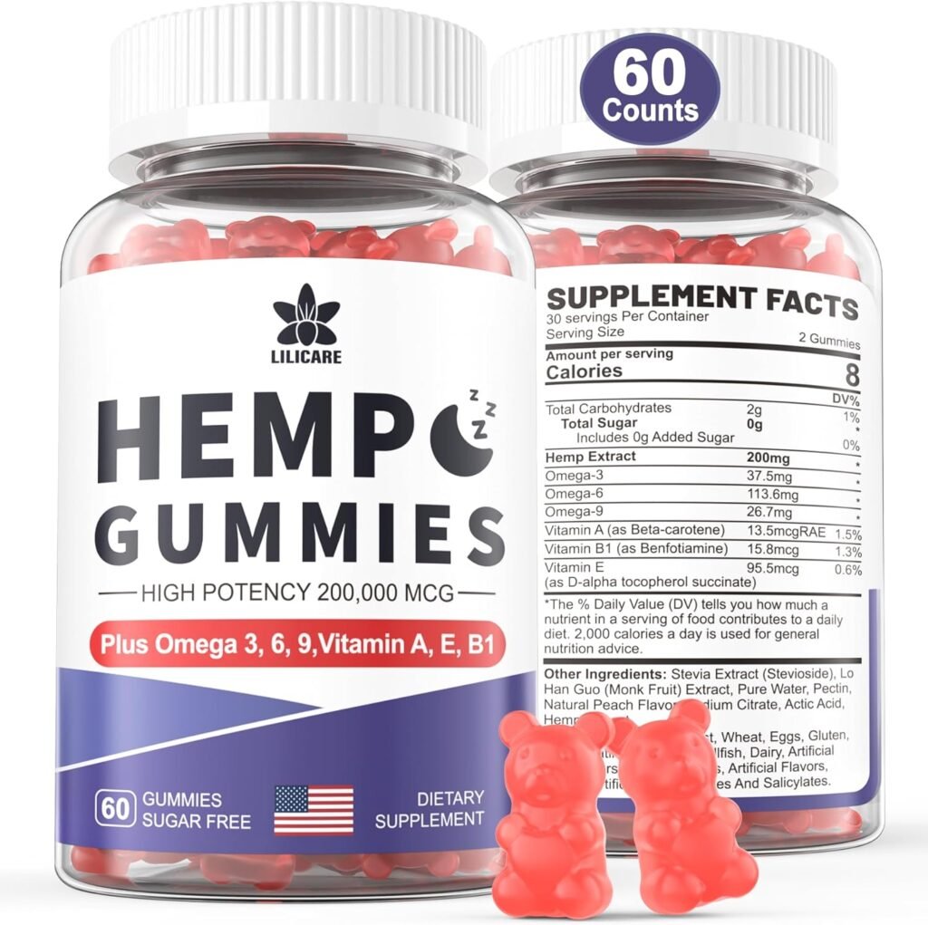 HempTotally Hemp Gummies 200000mcg, High Potency Vegan Hemp Oil for Deep ZZZ, Healthy Bedtime, Peace, Calm, Relaxation, Brain  Joints w/Omega 3 6 9, Vitamin A、E  B1, Zero Sugar, Made in USA, 60Cts