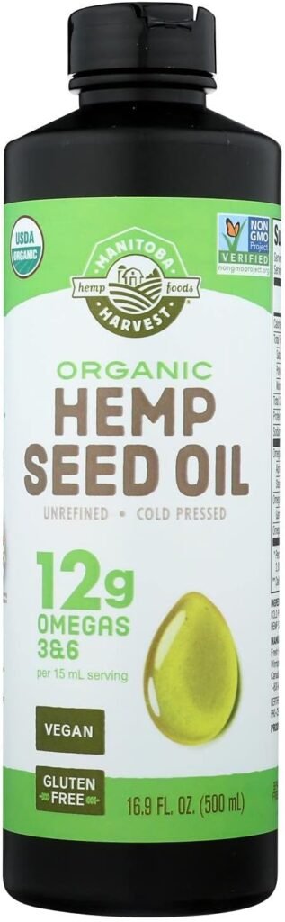 Manitoba Harvest Organic Hemp Oil, Cold Pressed, 12g of Omegas 36 Per Serving, Non-GMO, 16.9 Fl Oz