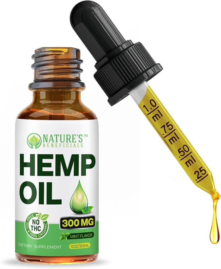 NATURES BENEFICIALS Organic Hemp Oil Extract Drops, 300mg - Omega Fatty Acids 3 6 9, Non-GMO Ultra-Pure CO2 Extracted