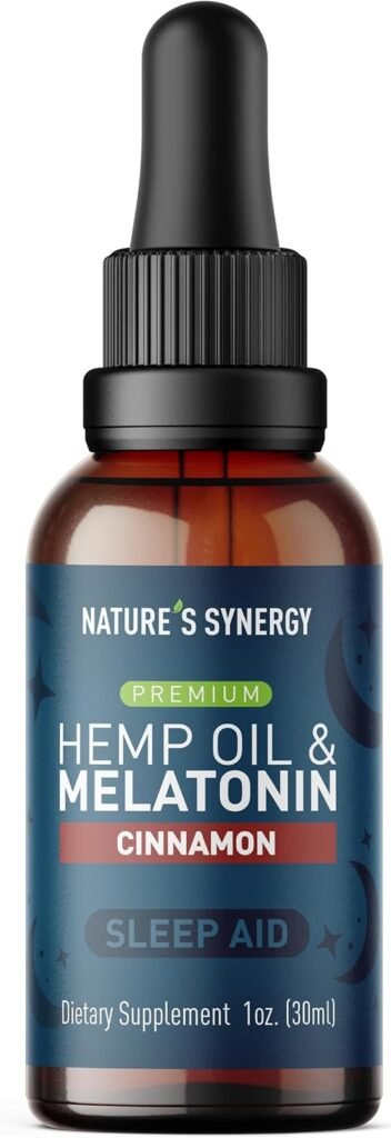 Natures Synergy Melatonin  Hemp Oil Liquid Sleep Support Drops with Omega 3 6 9 for Joint Support, Overall Health, Helps Promote Healthy Sleep Patterns, Natural Cinnamon Flavor, Non GMO, 1 Oz Bottle