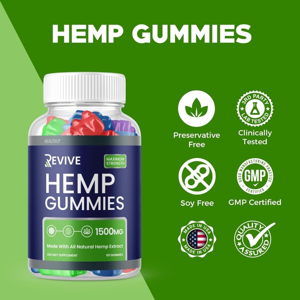 Revive Hemp Gummies, Revive Gummies Advanced Strength Max Performance Blend - Official Formula - Big Size Gummies 25mg Per Gummy, 1500mg Hemp Per Bottle, Great Taste, New 2023 Formula (60 Gummies)